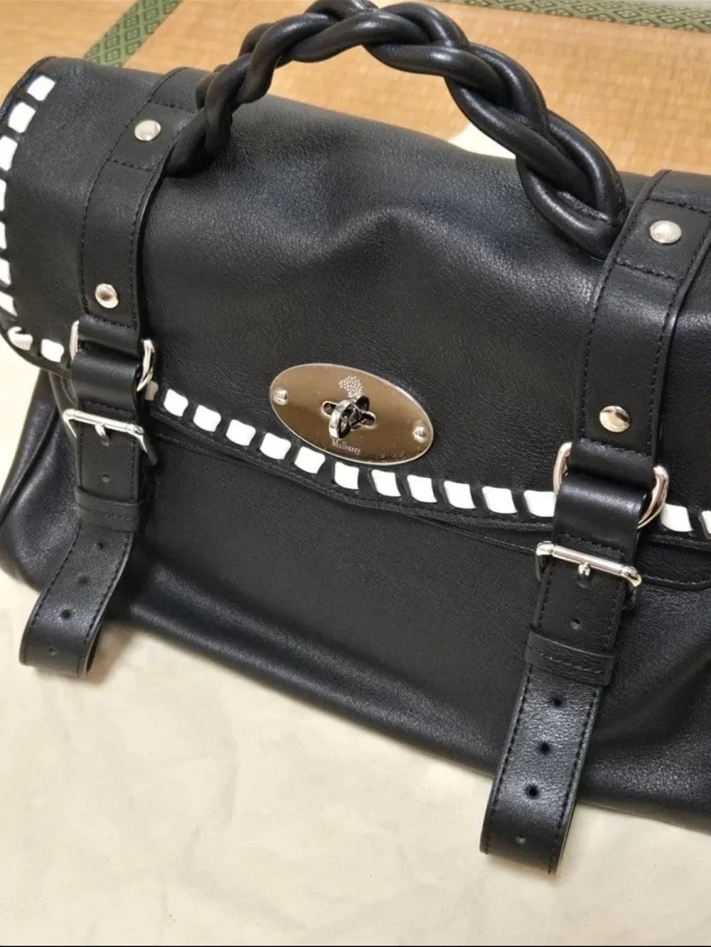 Mulberry Black Leather Satchel with White Trim
